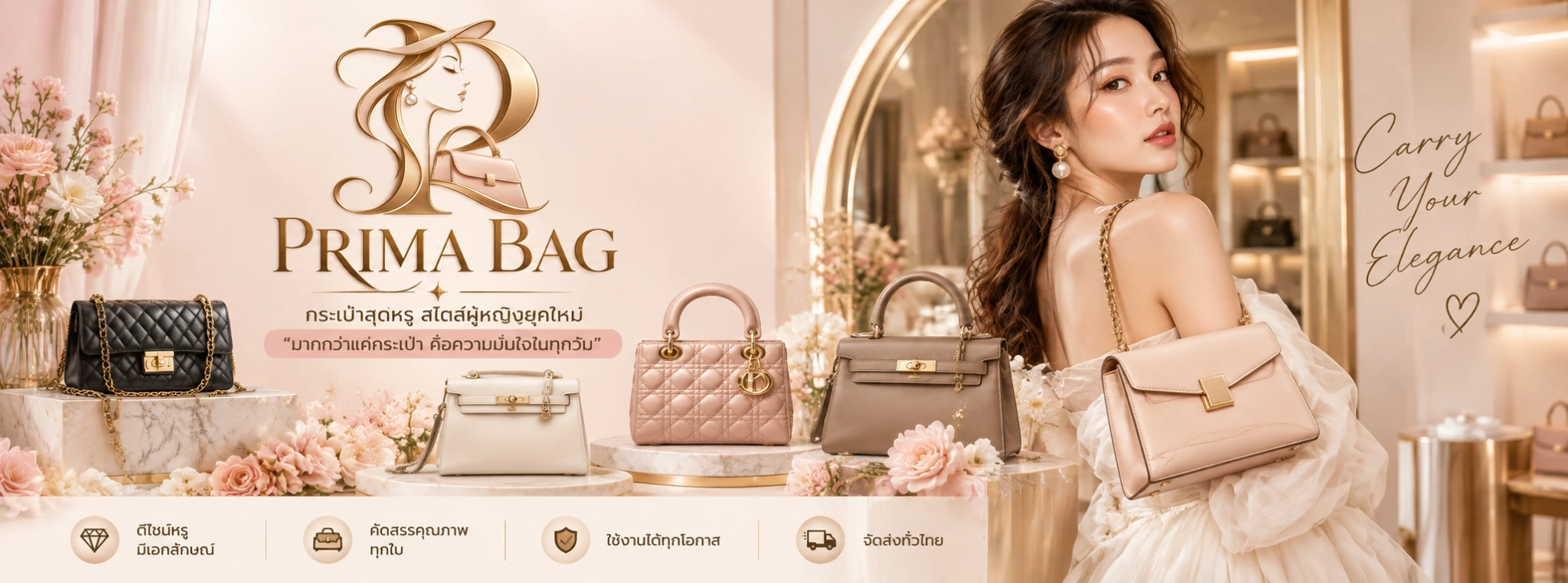 Prima Bag — แบนเนอร์แบรนด์โทนชมพูและทอง พร้อมกระเป๋าหลากสไตล์